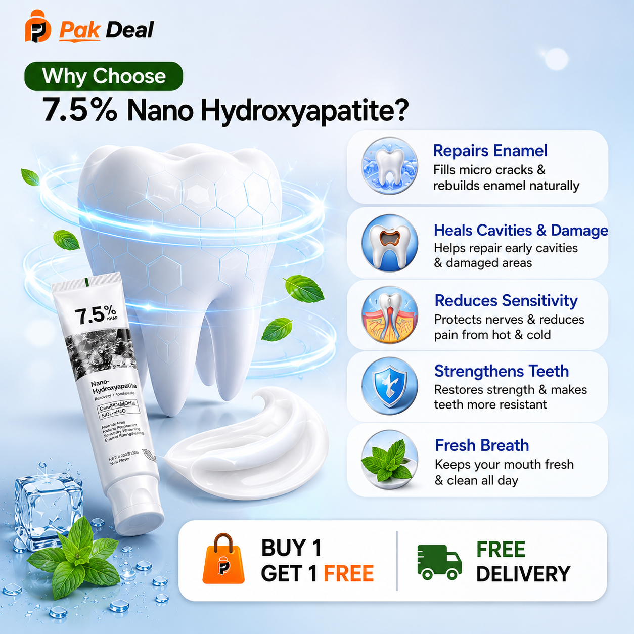 7.5% Nano Hydroxyapatite Toothpaste | Teeth Whitening Formula١ کے ساتھ ١ فری