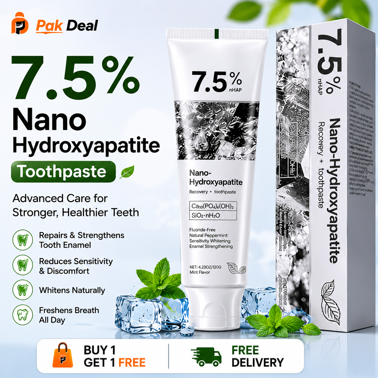 7.5% Nano Hydroxyapatite Toothpaste | Teeth Whitening Formula١ کے ساتھ ١ فری